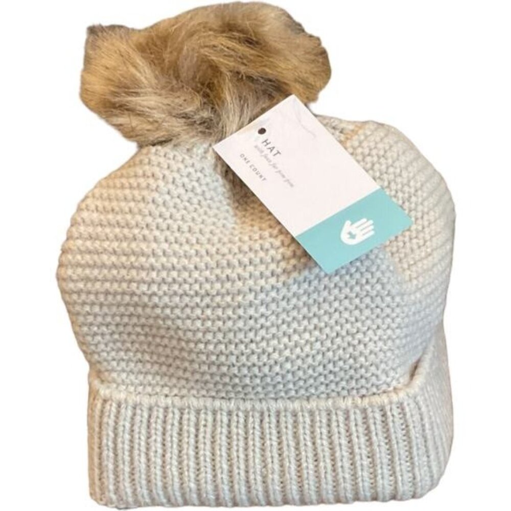 Knit Winter Beanie With Faux Fur Pom Cream Color One Size Stretchy Fit Durable